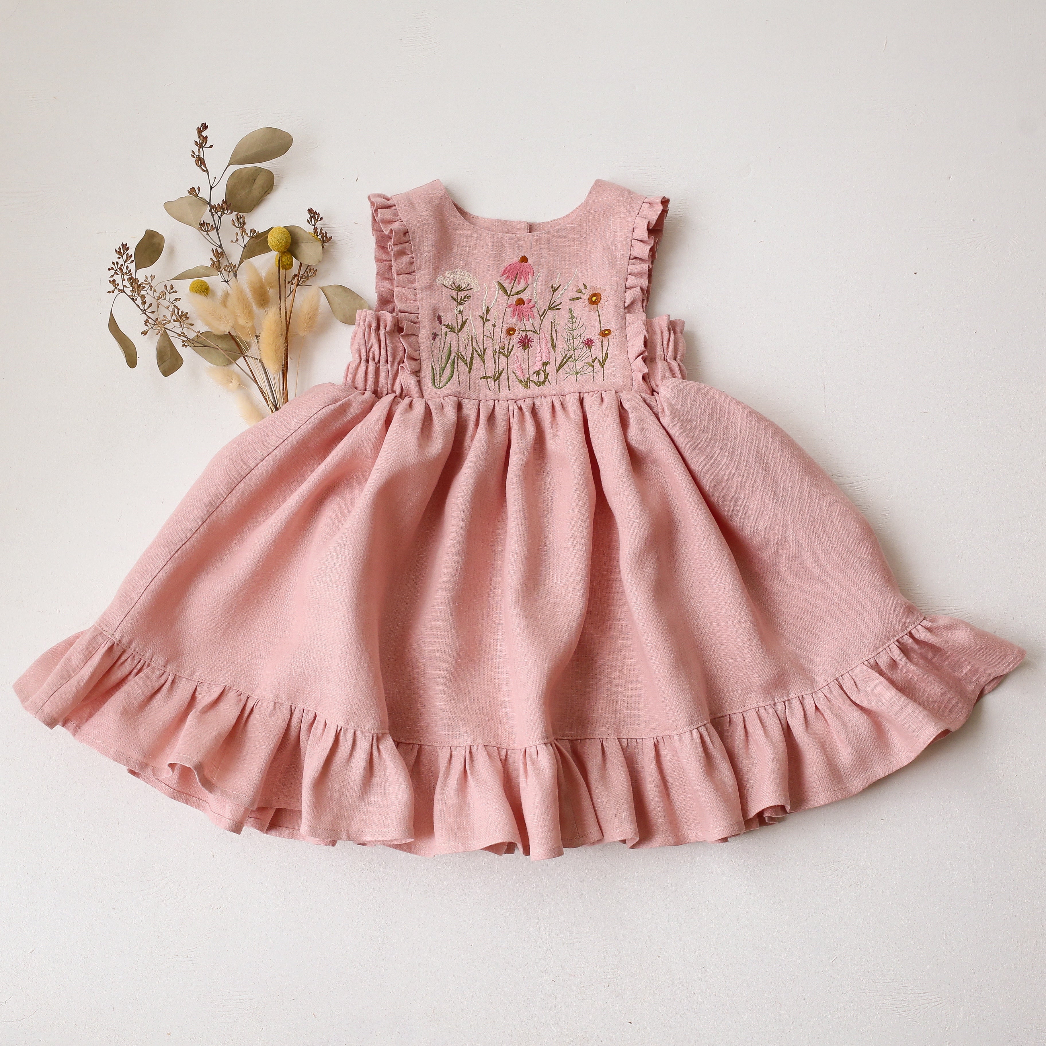 Powder Linen Pinafore Dress with Ruffled Hem with "Echinacea Flowers" Embroidery