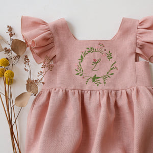 Powder Linen Flutter Sleeve Square Neckline Bubble Playsuit with "Initial Floral Wreath" Embroidery