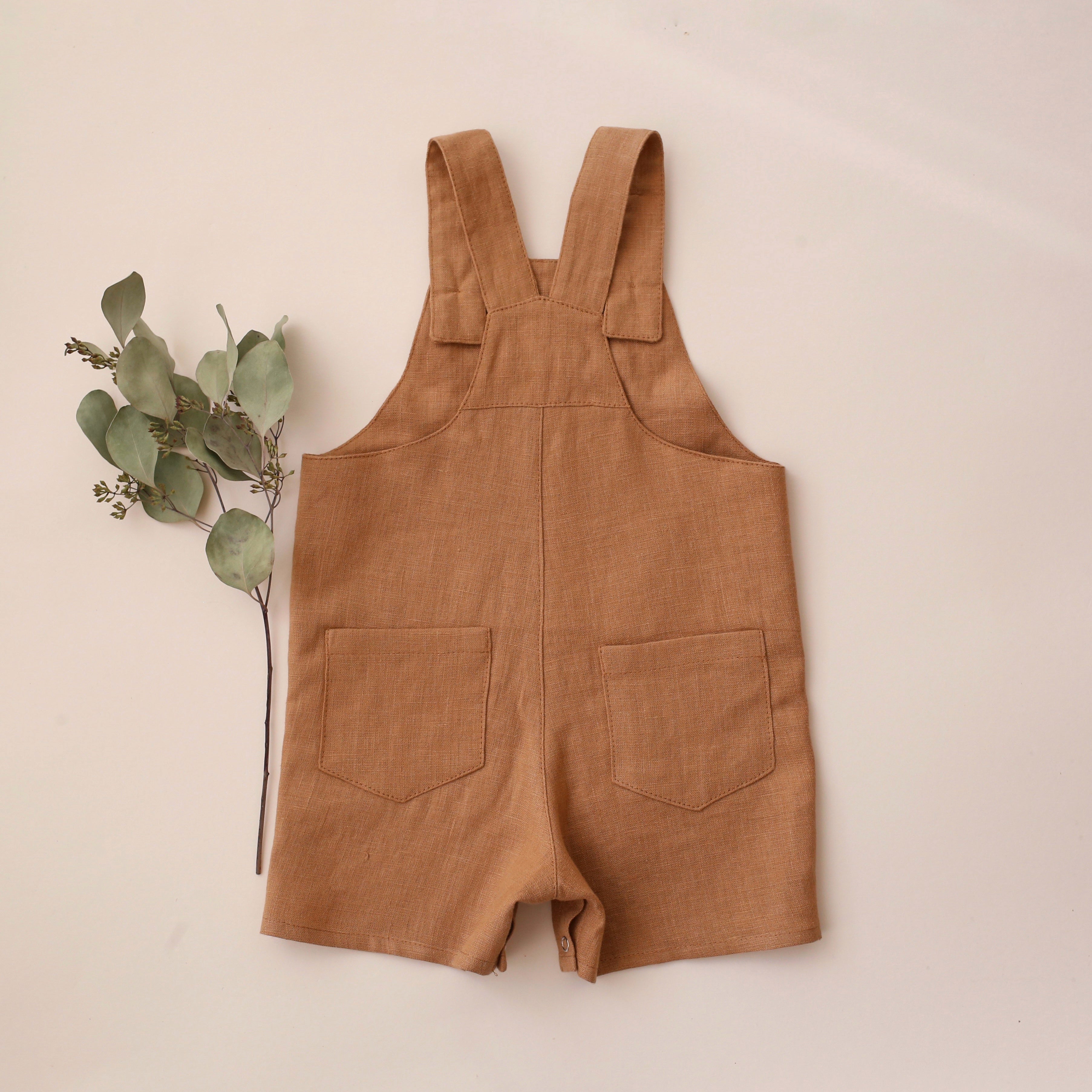 Latte Linen Buttoned Short Dungaree with “Rabbit” Embroidery