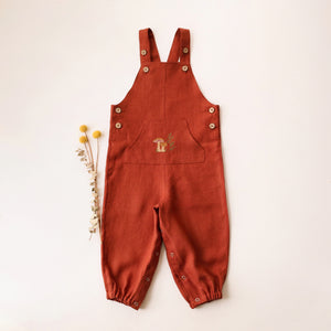Rust Linen Kangaroo Pocket Buttoned Dungaree with "Mushrooms" Embroidery