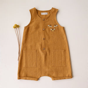 Mustard Linen Short Legs Tank Jumpsuit | “3 Bumblebees” Embroidery