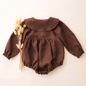 Dark Brown Linen Long Sleeve Pointed Collar Bubble Playsuit