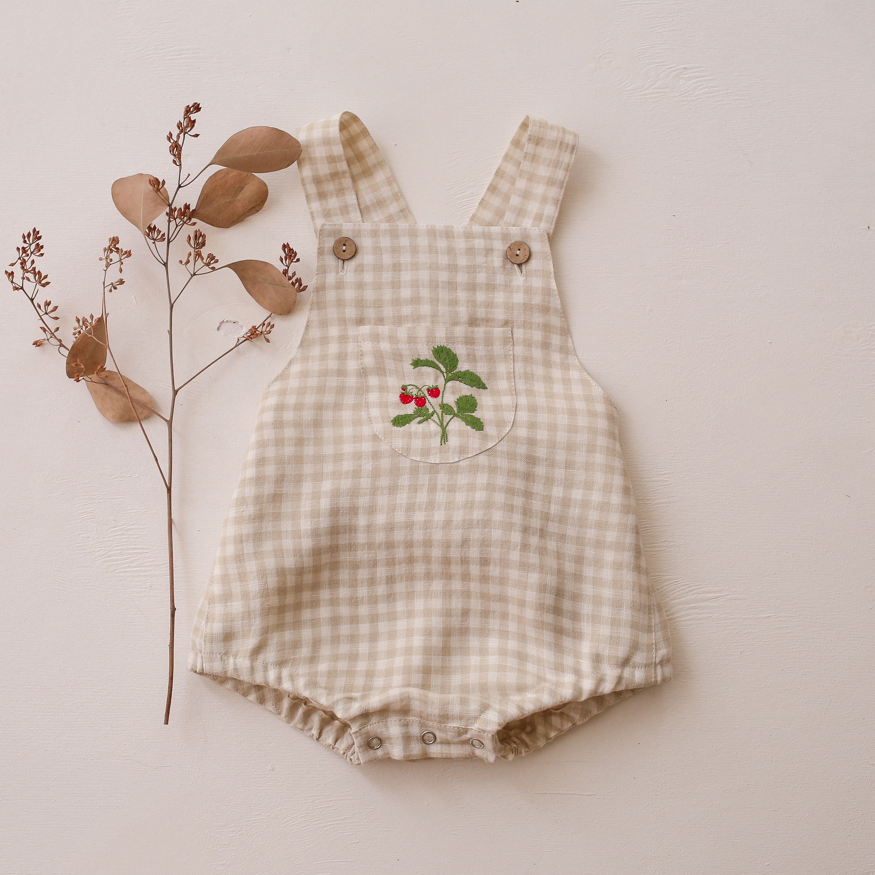 Beige Gingham Linen Front Pocket Straps Romper with "Wild Strawberry" Embroidery