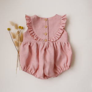 Powder Linen Ruffled Bodice Bubble Playsuit with “Butterfly in Flowers” Embroidery