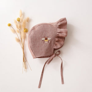 Rose Smoke Linen Ruffle Brimmed Bonnet with “Bumblebee” Embroidery