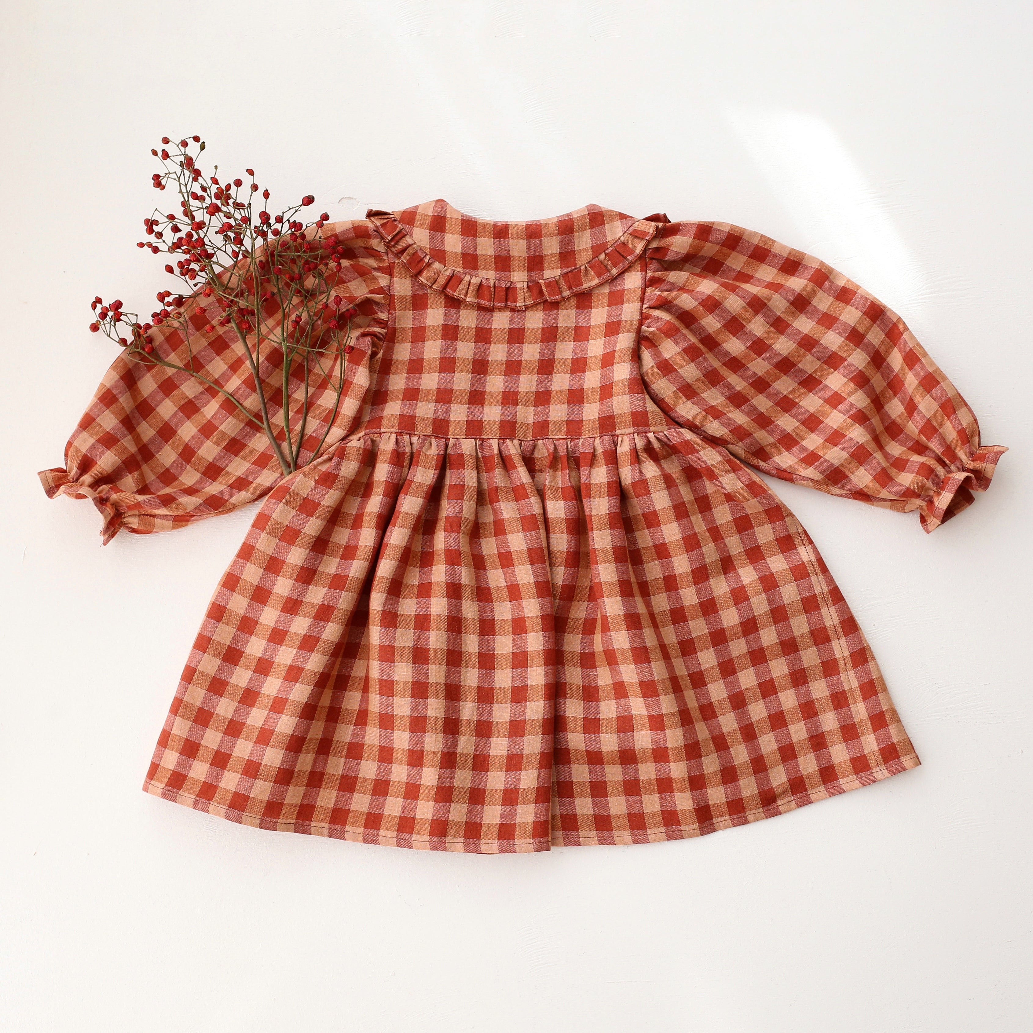 Butternut Check Linen Long Sleeve Frilled Collar Dress