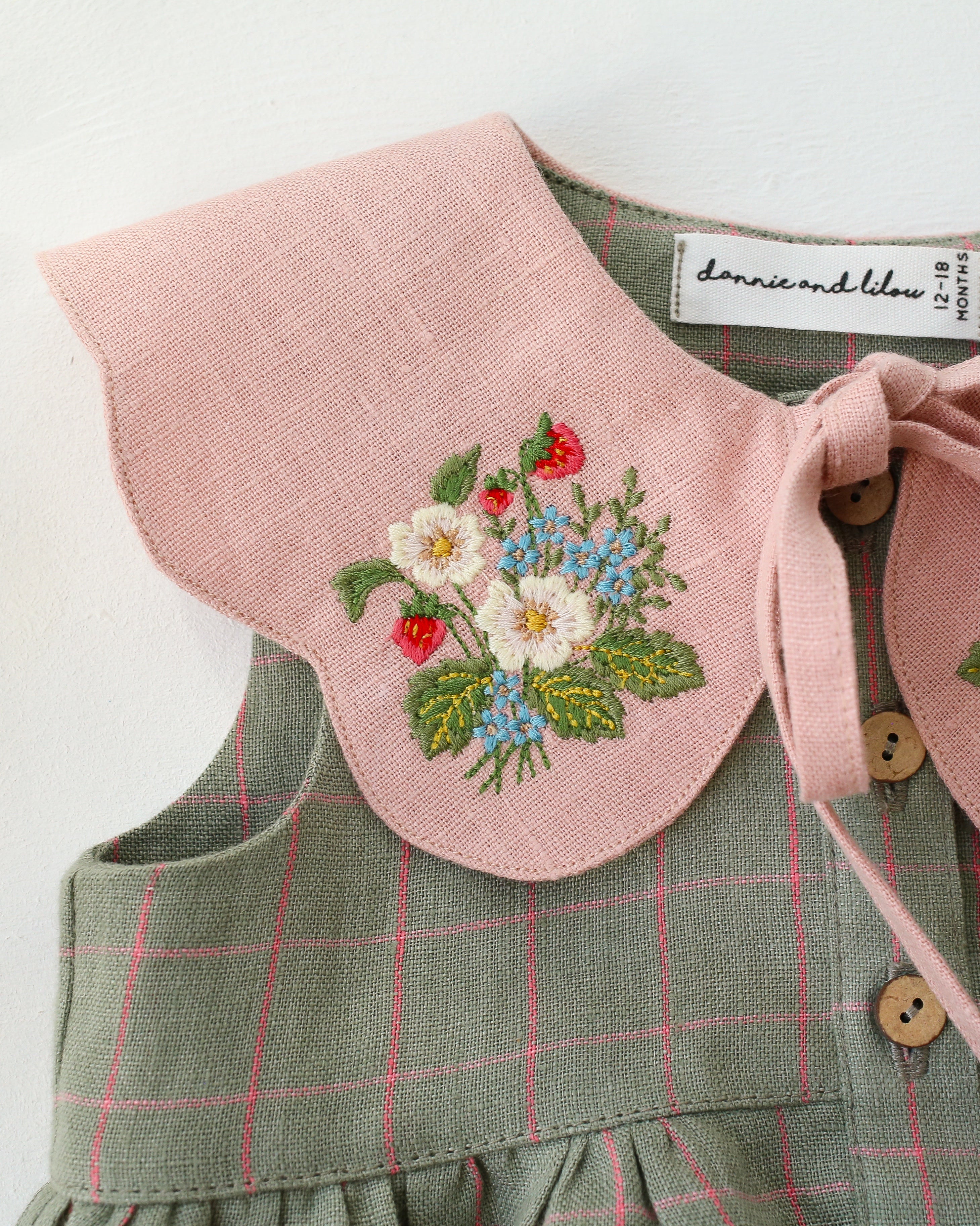 Mint & Pink Check Linen Bubble Playsuit with Petal Collar in Powder Linen with "Strawberry Bouquet" Embroidery