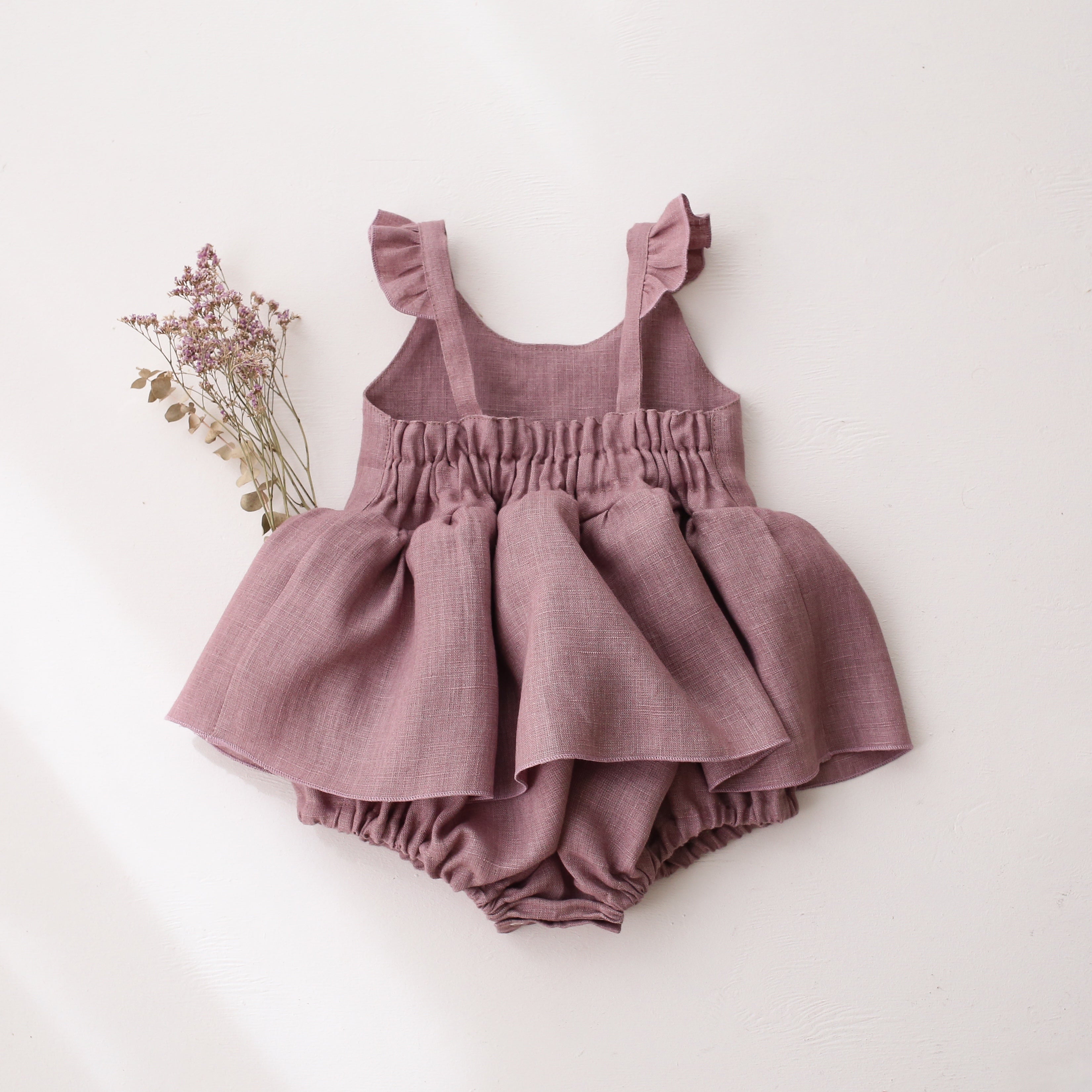 Pale Lilac Linen Flutter Sleeve Bubble Playsuit with Skirt with "Cherry" Embroidery