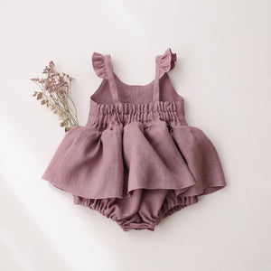 Pale Lilac Linen Flutter Sleeve Bubble Playsuit with Skirt with "Cherry" Embroidery