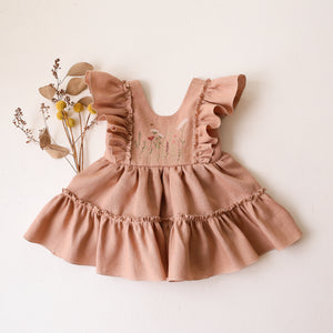 Clay Linen Ruffled Front Tiered Dress with “Meadow Flowers with Bee” Embroidery