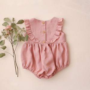 Powder Linen Ruffled Bodice Bubble Playsuit with “Bunny in Flowers” Embroidery