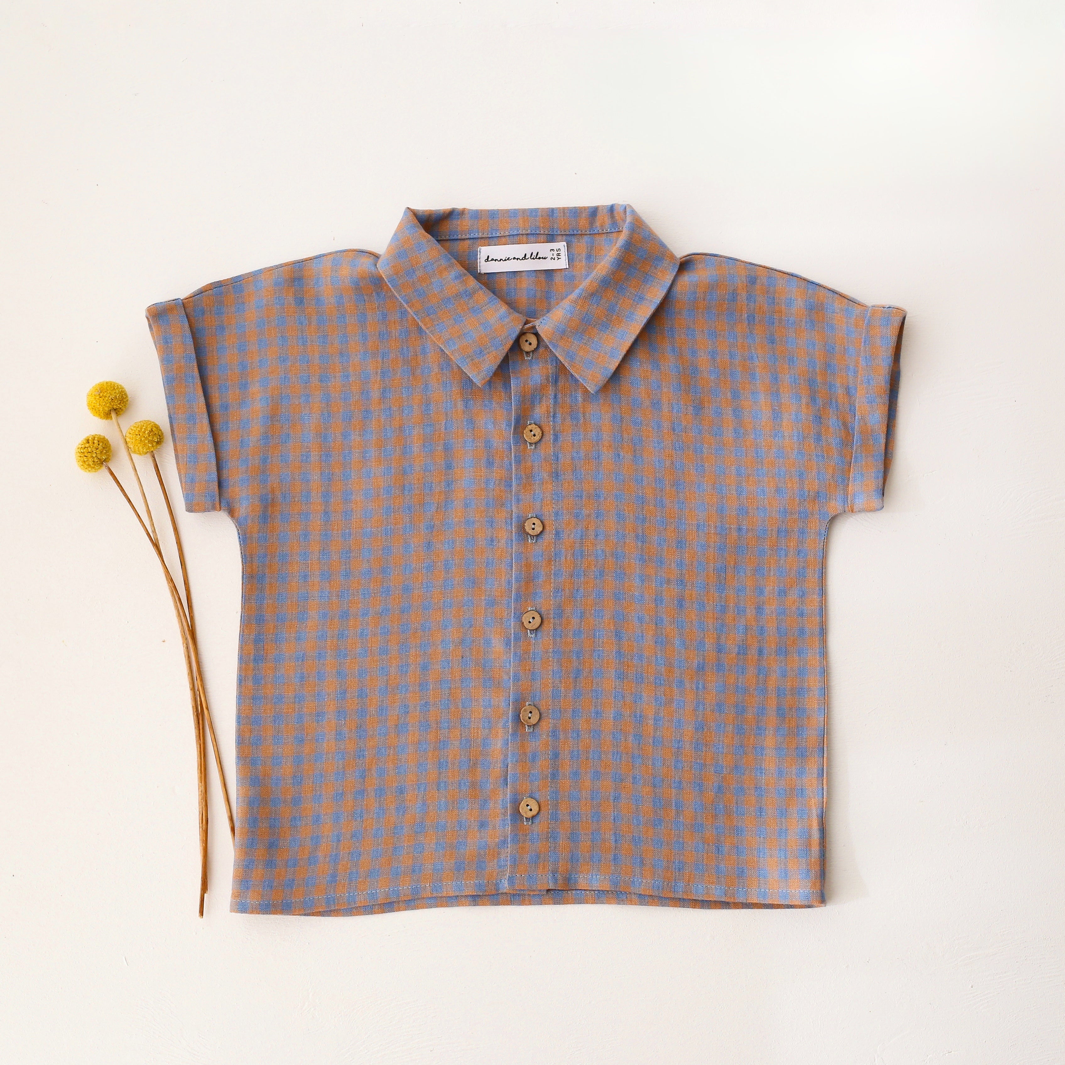 Blue & Peach Gingham Linen Cuffed Shirt