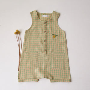 Green Gingham Linen Short Legs Tank Jumpsuit | “Lemon” Embroidery