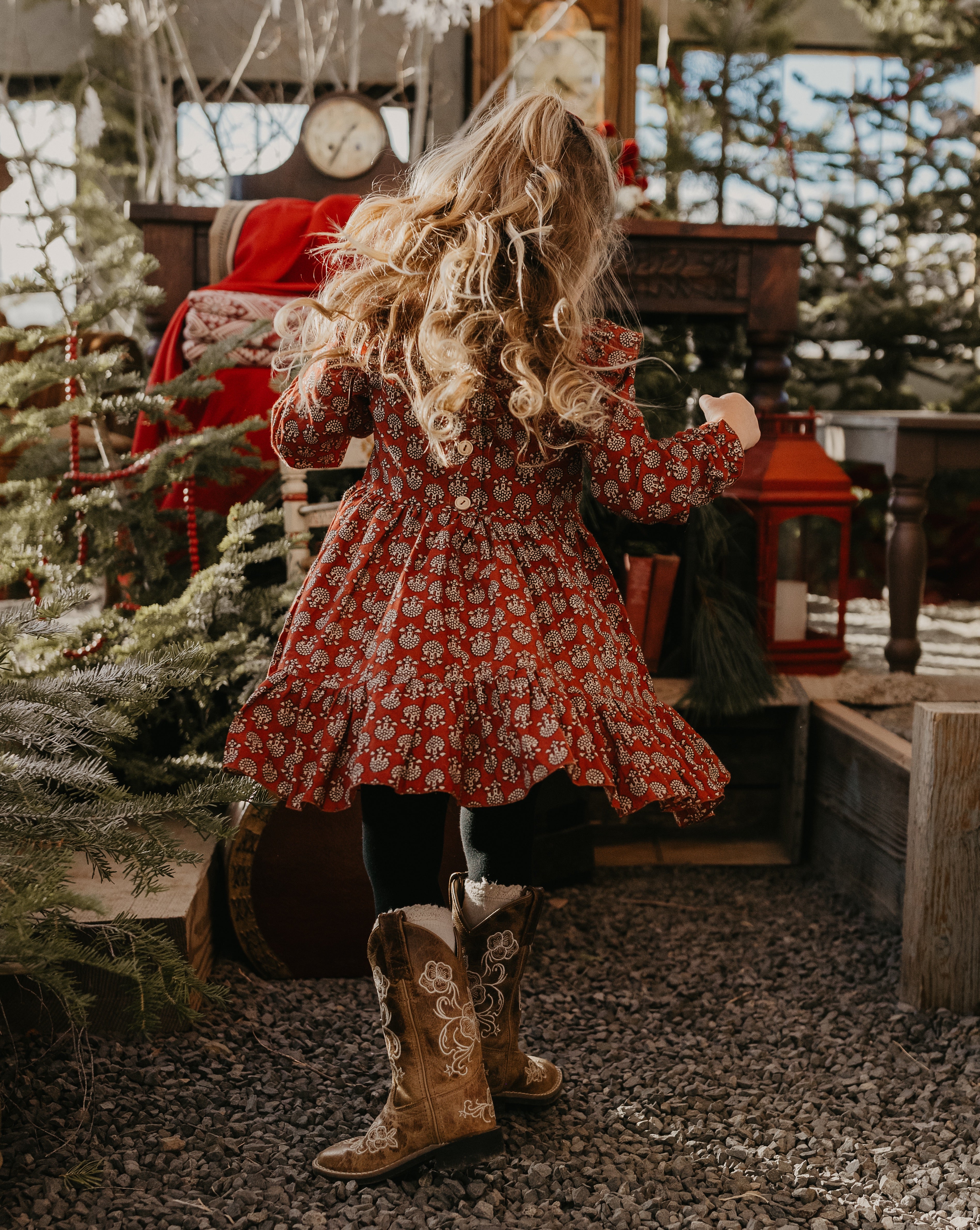 Festive Florals Cotton Long Sleeve Flutter Bodice Dress
