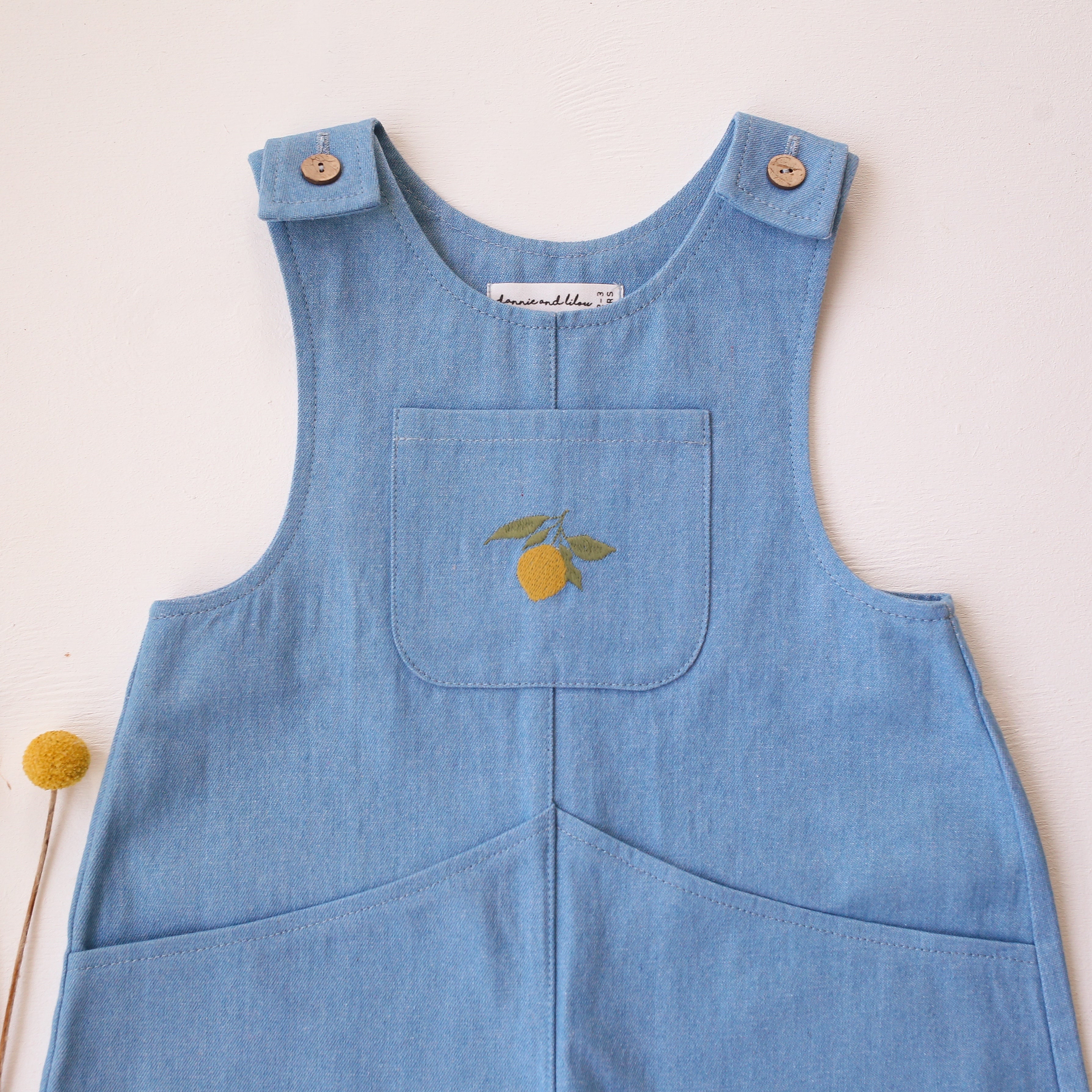 Light Denim Oversized Look Overalls with "Lemon" Embroidery