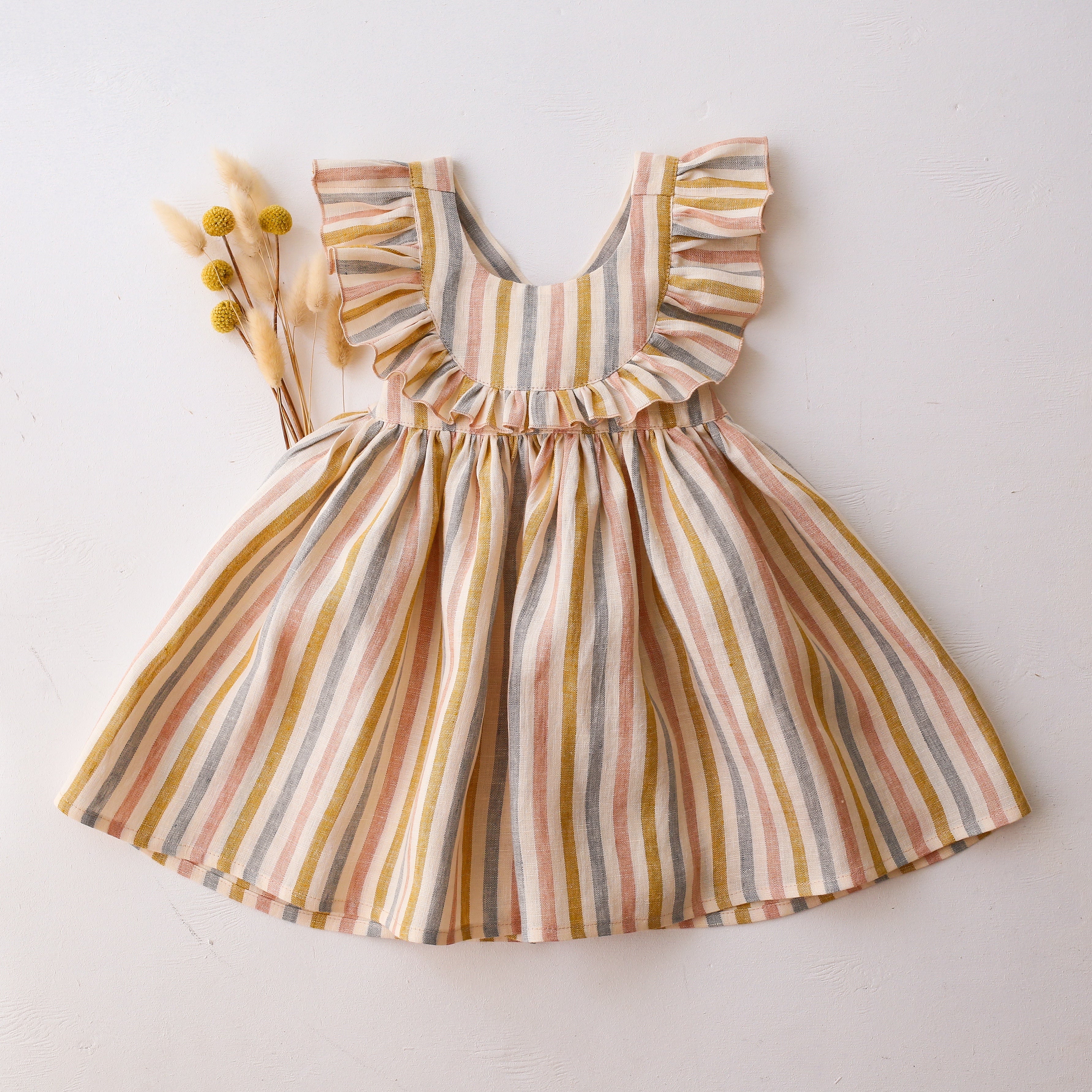 Rainbow Linen Ruffled Bodice Dress