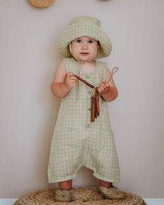 Green Gingham Linen Short Legs Tank Jumpsuit | “Lemon” Embroidery