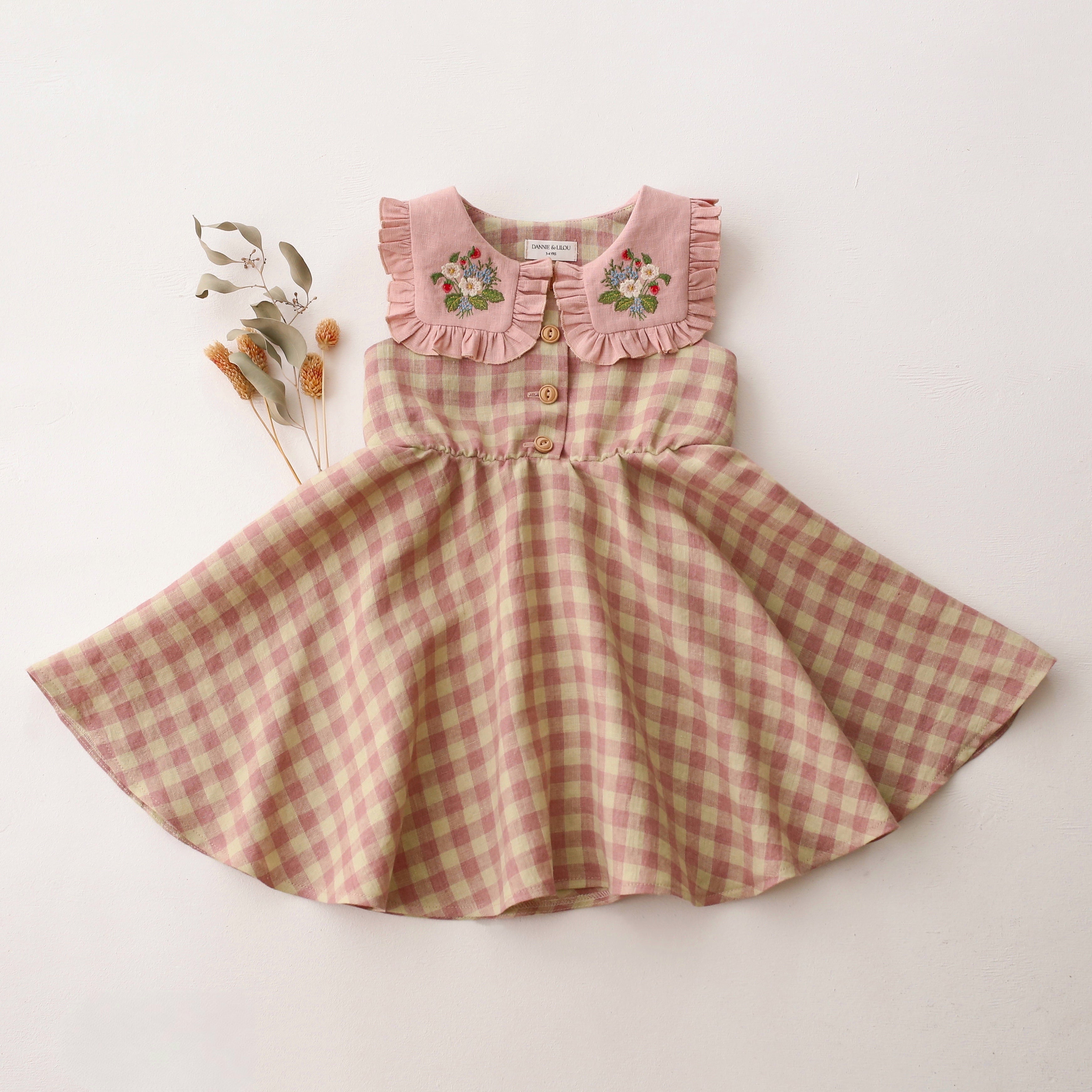 Blush Check Dress with Square Collar in Powder Linen and