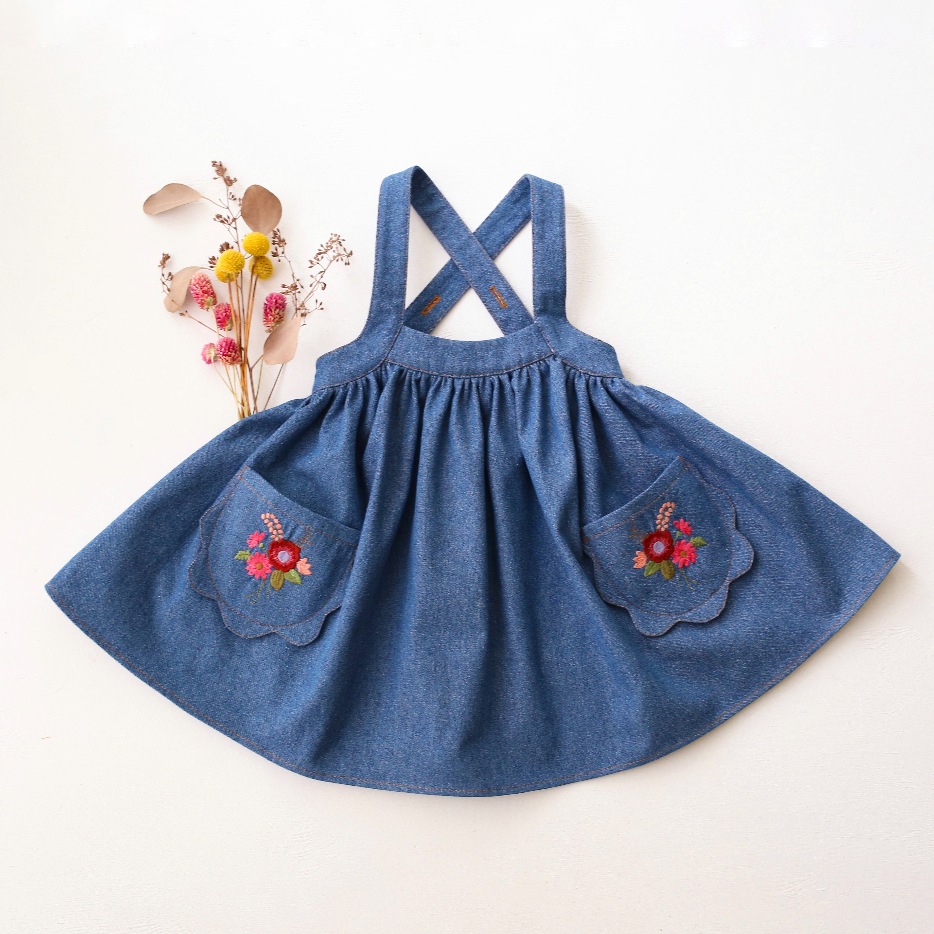 Dark Blue Denim Straps Pinafore with Petal Pockets with “Meadow Posy” Embroidery