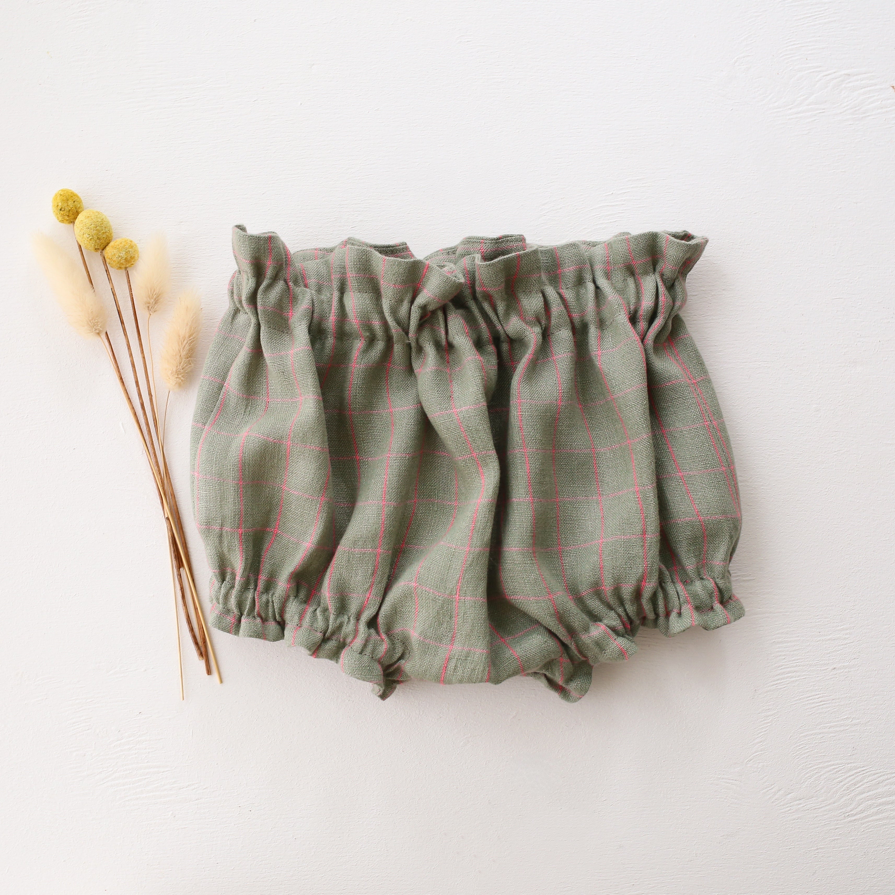 Mint & Pink Check Linen Frills Bloomers