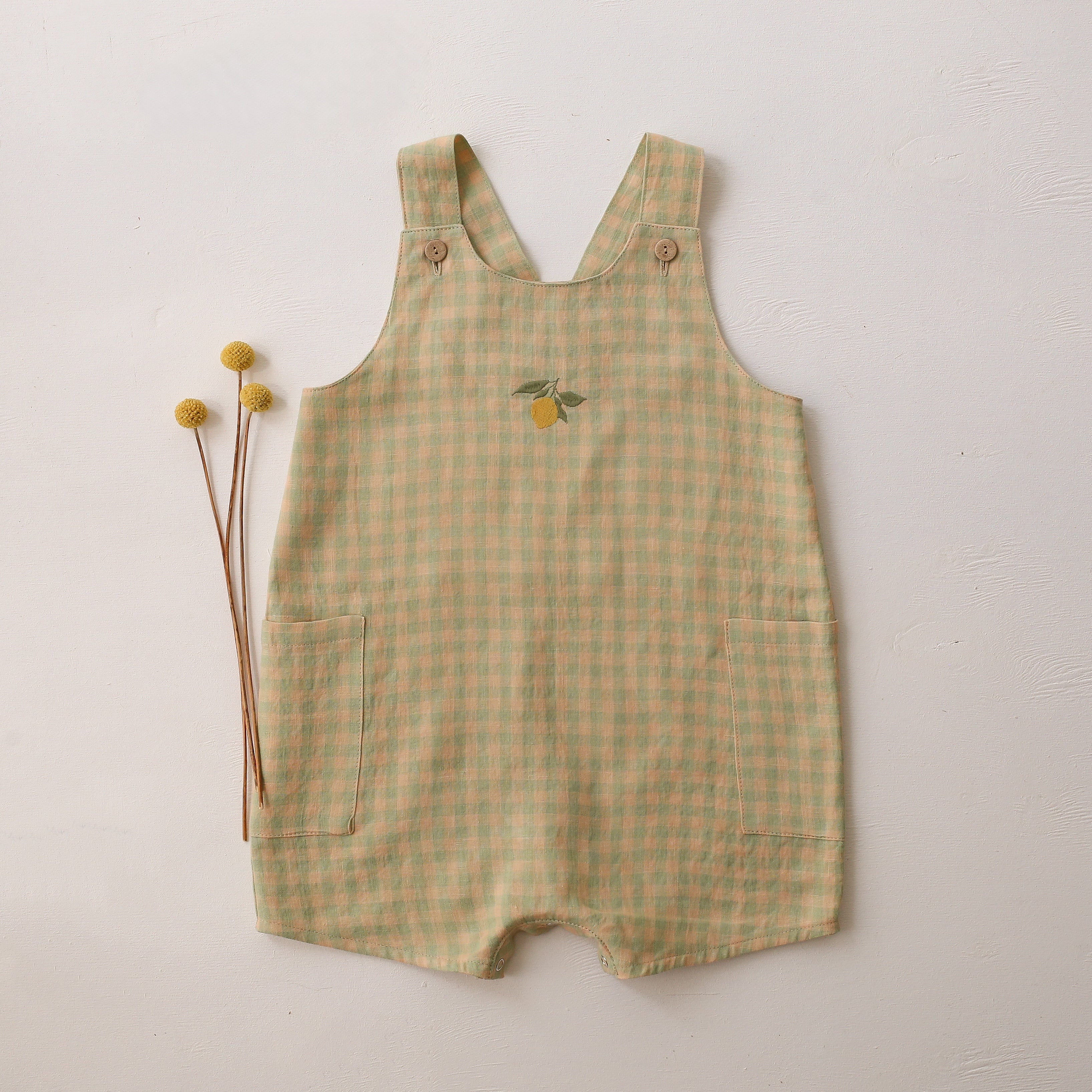 Green Gingham Linen Button Front Jumpsuit with “Lemon” Embroidery