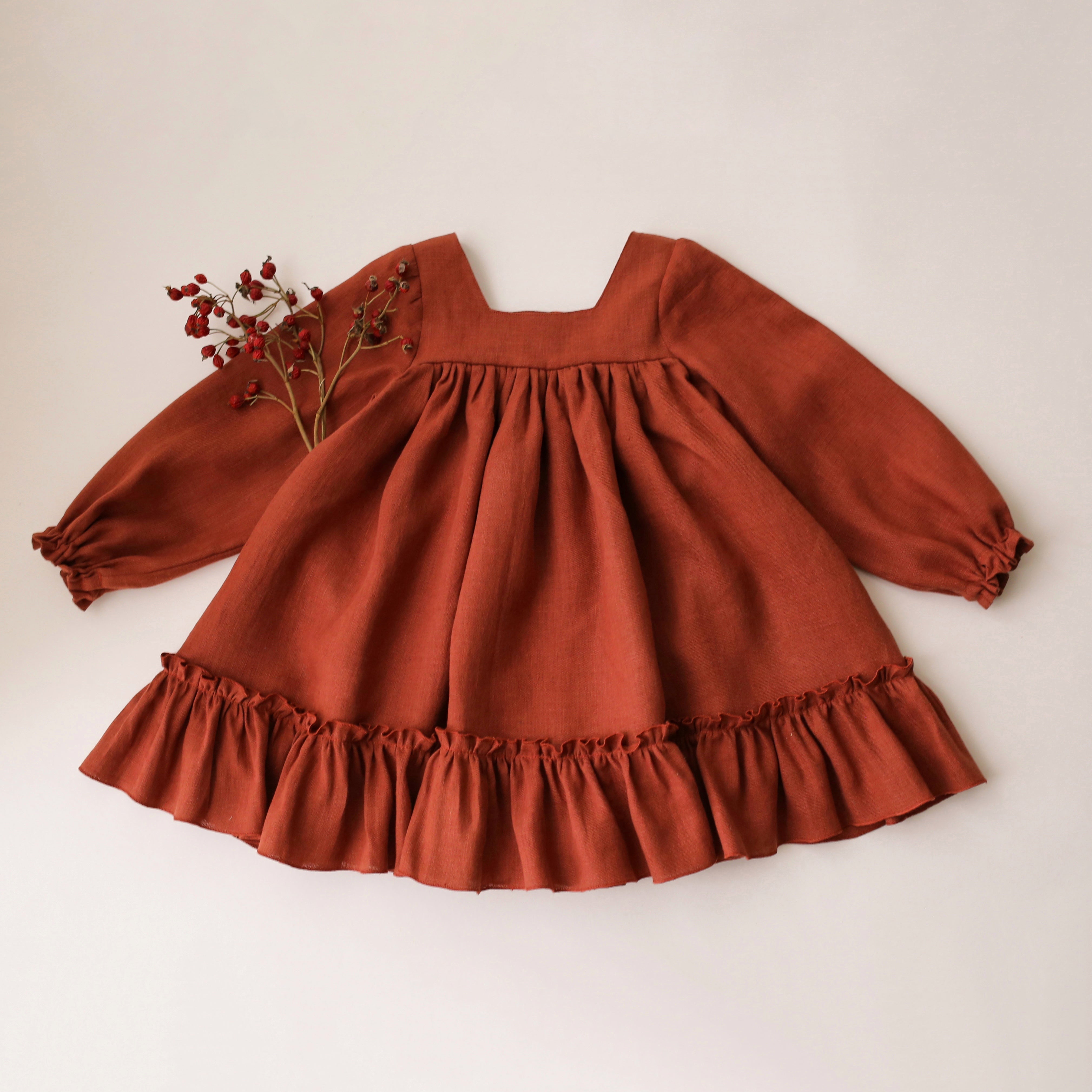 Rust Linen Long Sleeve Square Neck Dress with Ruffled Hem Dannie and Lilou Rust Linen Long Sleeve Square Neck Dress with Ruffled Hem Dannie and Lilou
