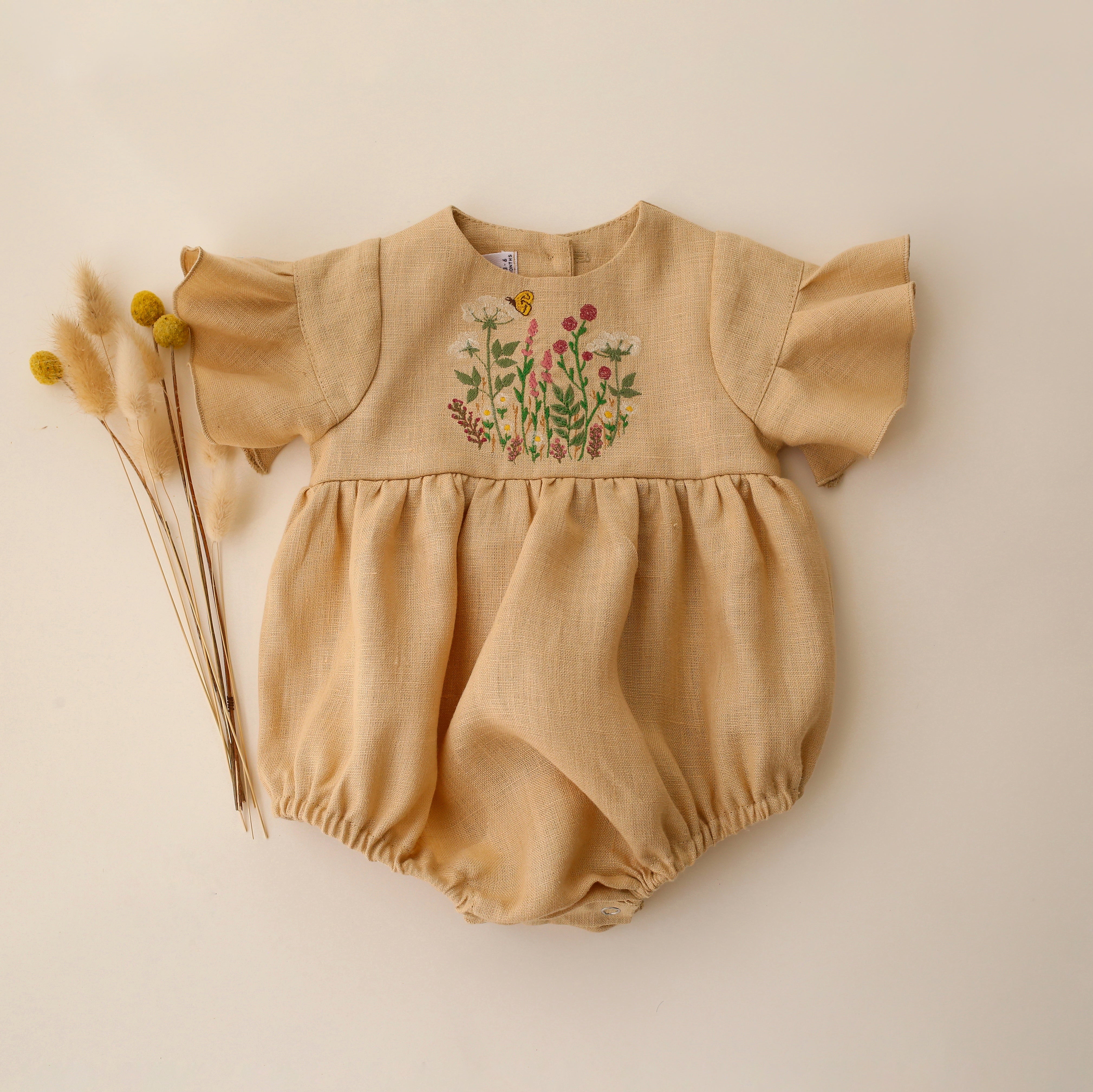 Melon Linen Flounce Sleeve Bubble Playsuit with “Wildflowers with Butterfly” Embroidery