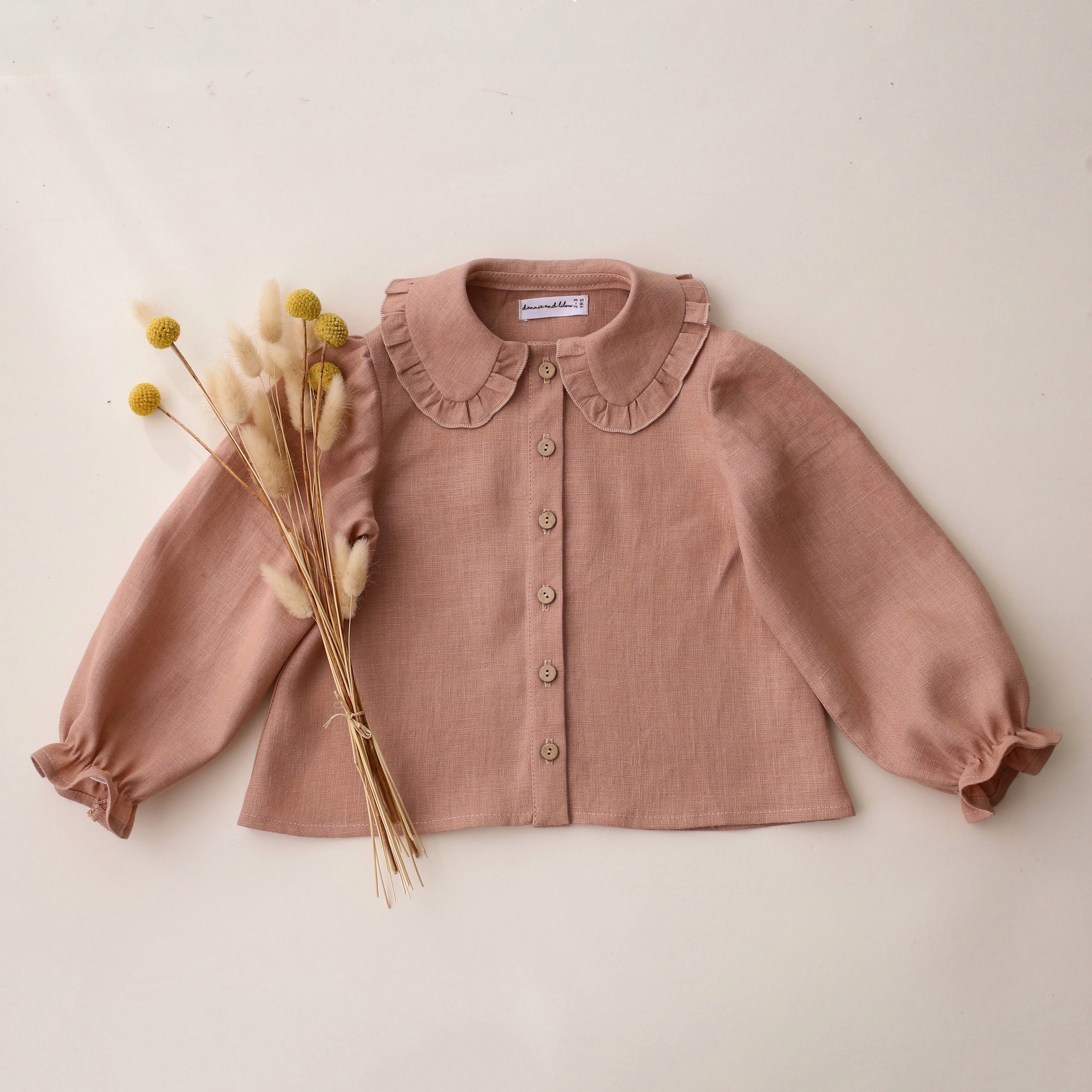 Clay Linen Long Sleeve Frilled Collar Button Front Blouse