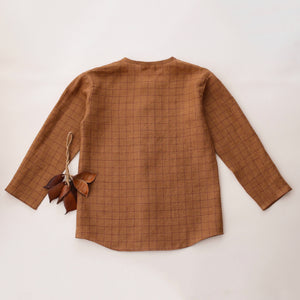 Copper Check Linen Long Sleeve Buttoned Shirt with Pocket