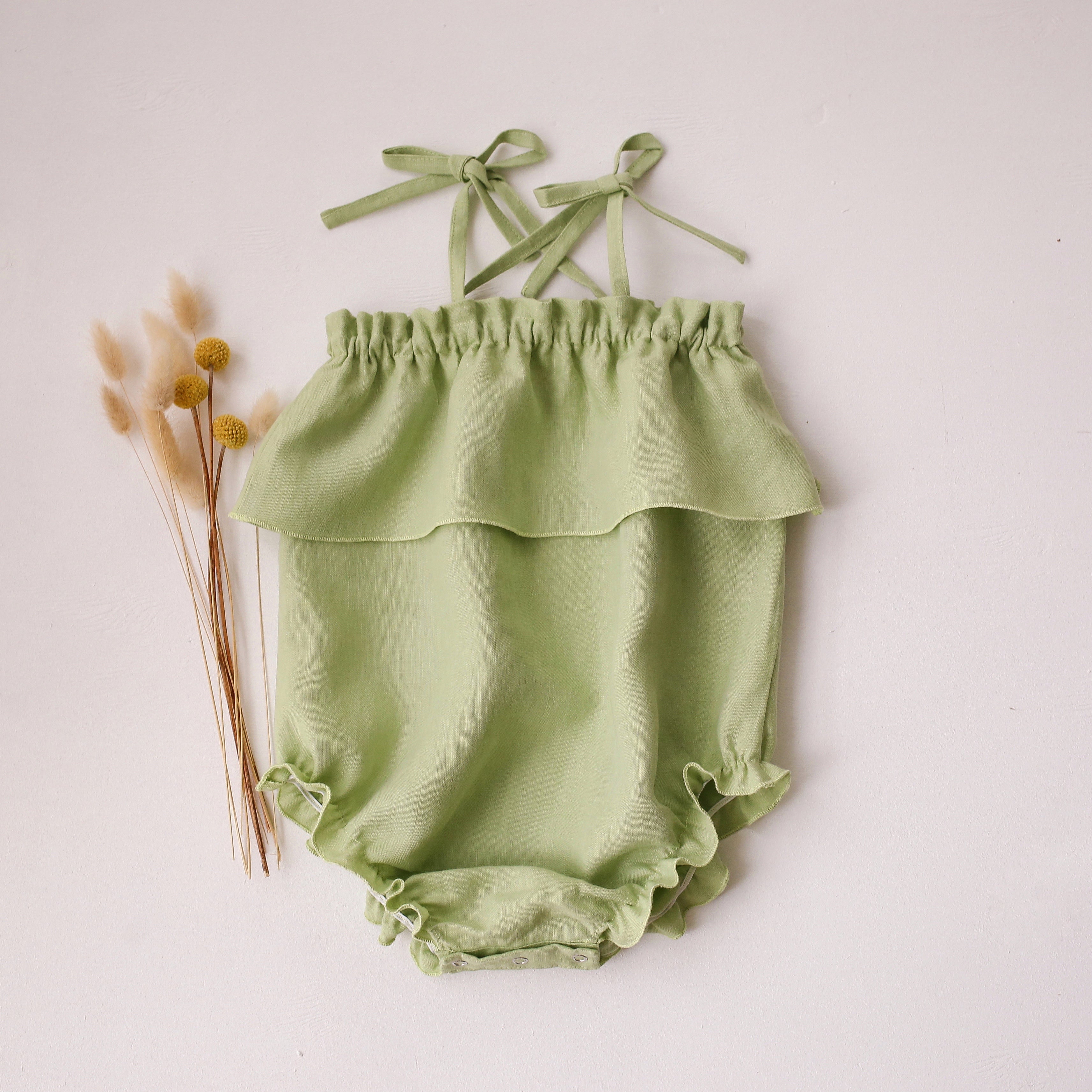 Spring Green Linen Summer Bubble Playsuit with Ties