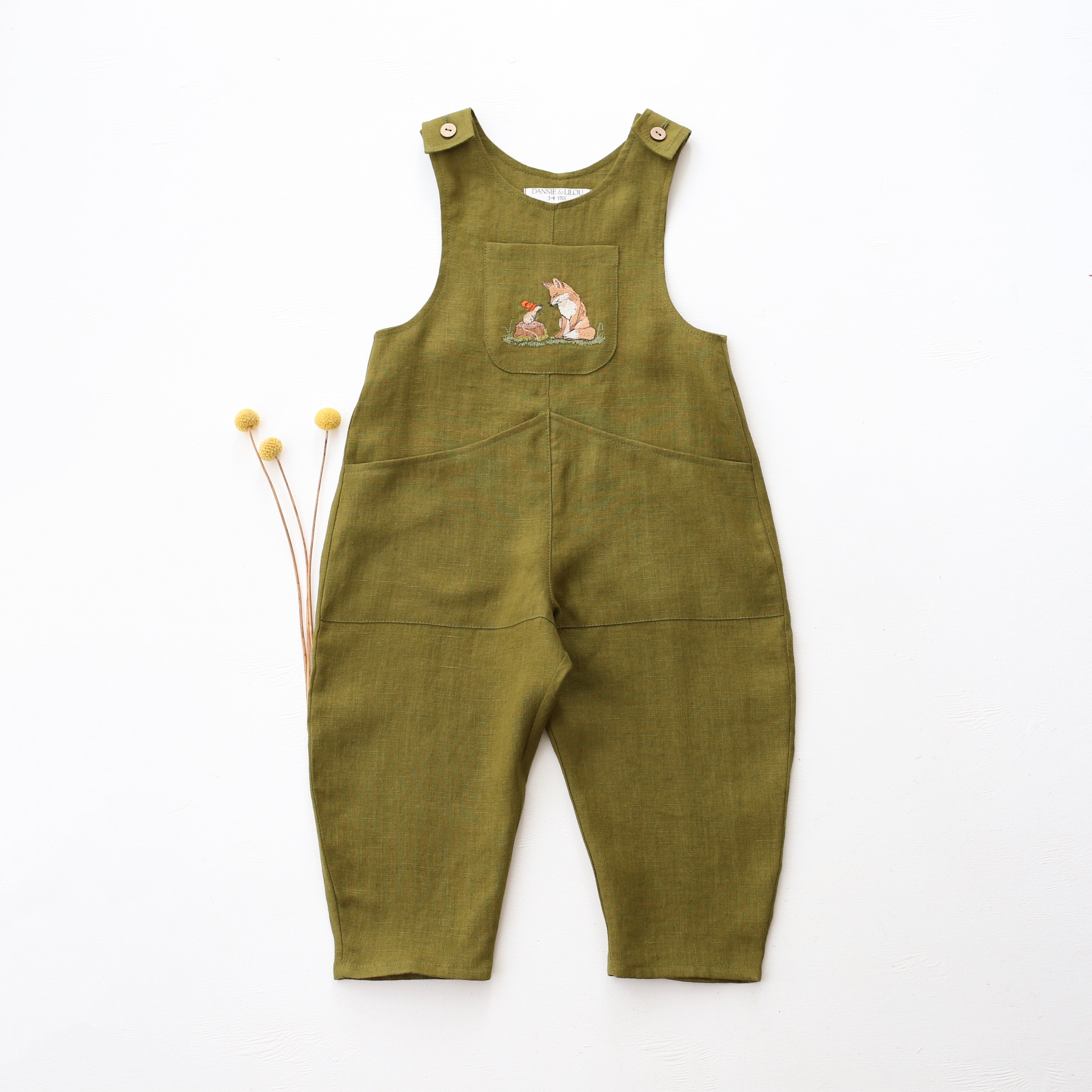 Pine Linen Front Pockets Overalls with "Mouse & Fox" Embroidery