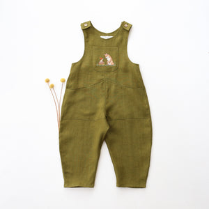Pine Linen Front Pockets Overalls with "Mouse & Fox" Embroidery