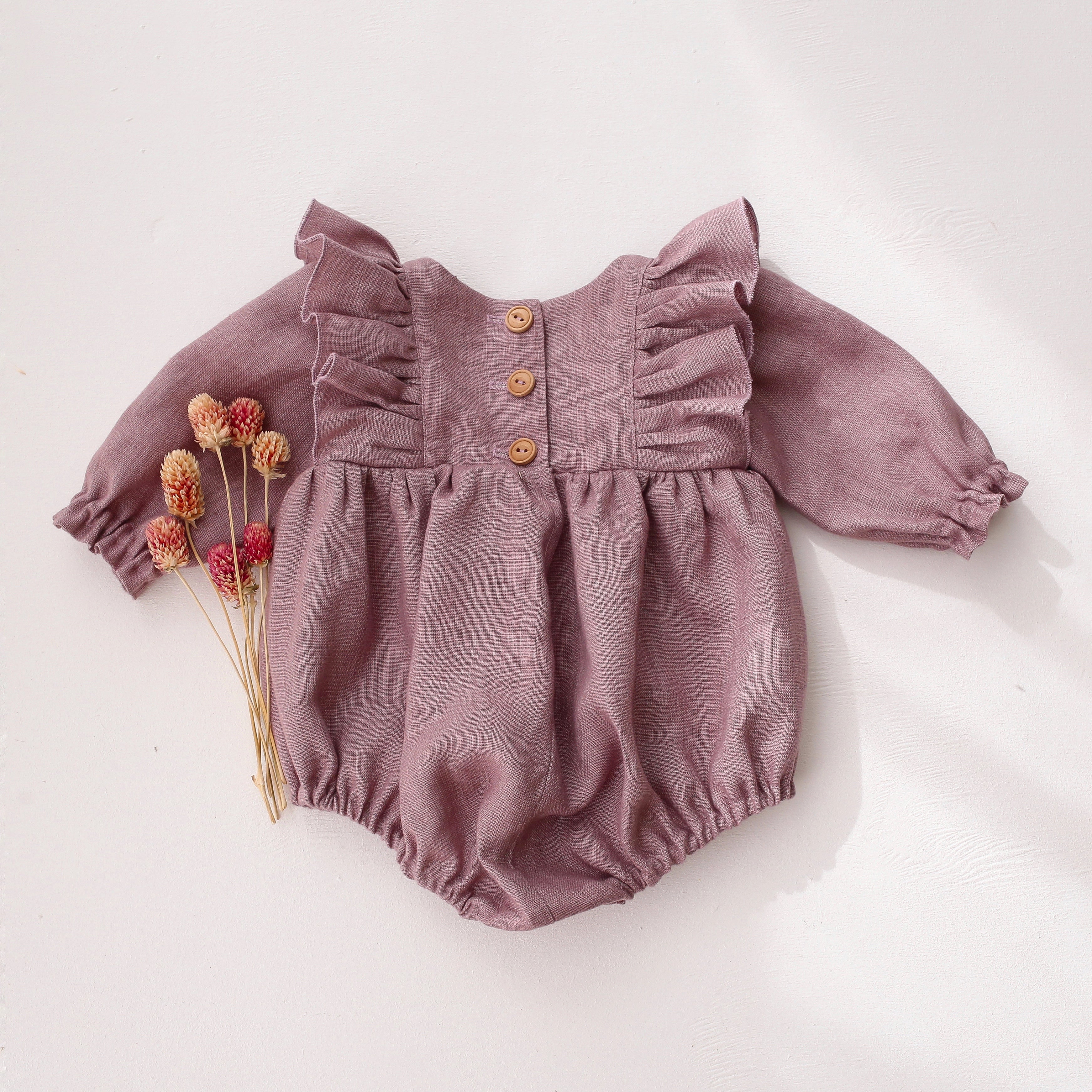 Pale Lilac Linen Long Sleeve Ruffle Bubble Playsuit with "White Bunnies" Embroidery