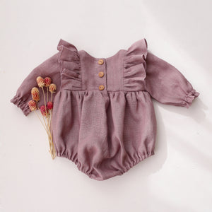 Pale Lilac Linen Long Sleeve Ruffle Bubble Playsuit with "White Bunnies" Embroidery