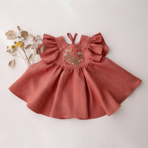 Rose Bouquet Linen Flutter Sleeve Tie Back Blouse with "Wildflowers with Butterfly" Embroidery