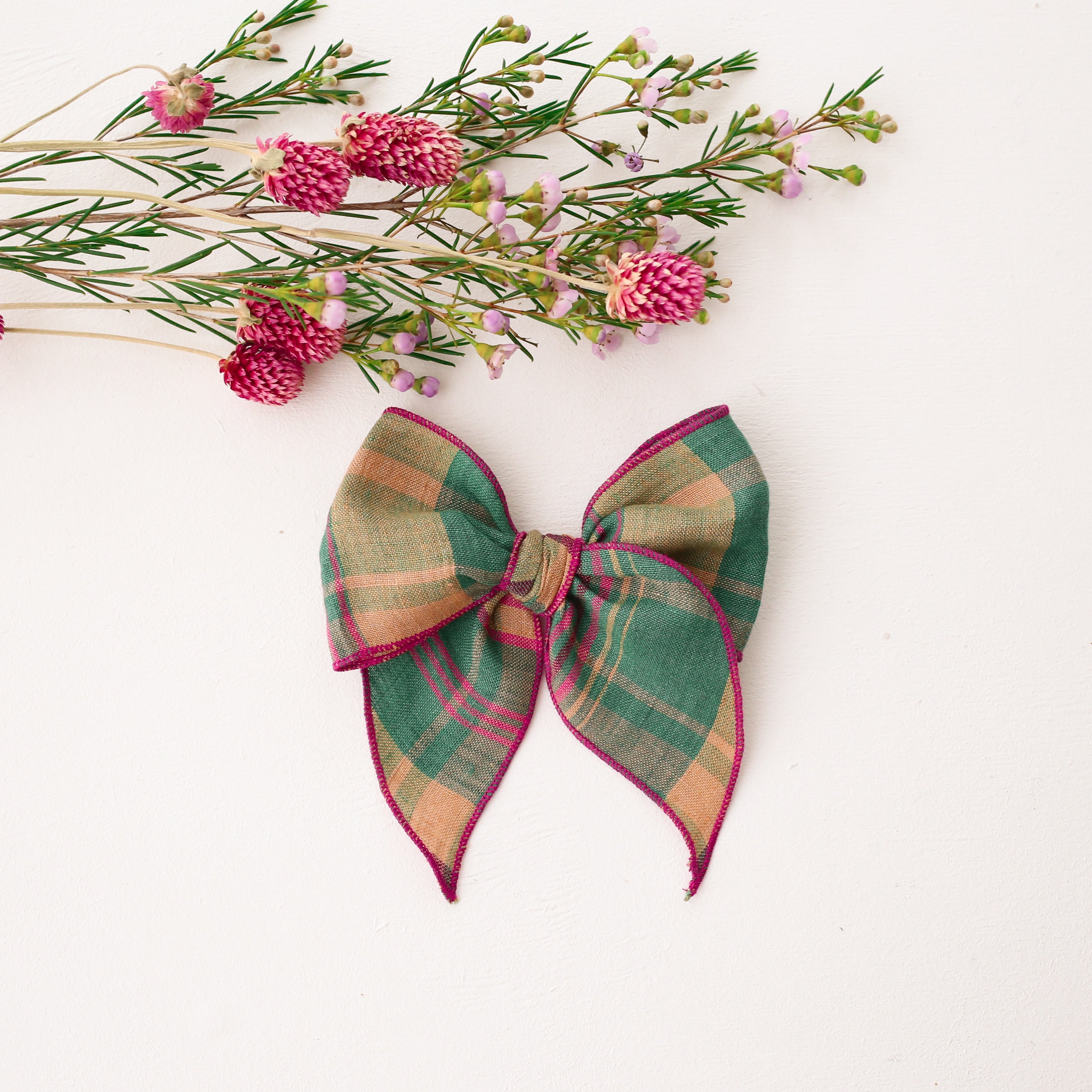 Whimsy Hair Bow in Mulberry Fern Check Linen