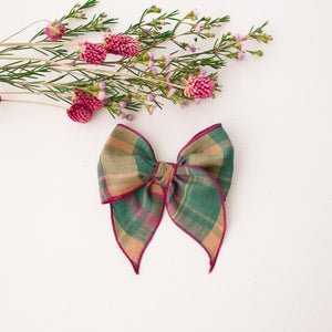 Whimsy Hair Bow in Mulberry Fern Check Linen