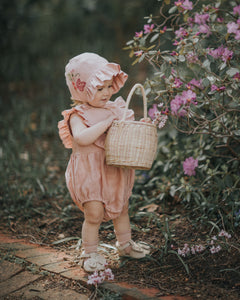 Rose Smoke Linen Ruffle Brimmed Bonnet with “Bumblebee” Embroidery