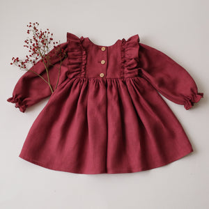 Rosewood Linen Long Sleeve Dress with Wide Bodice Ruffle