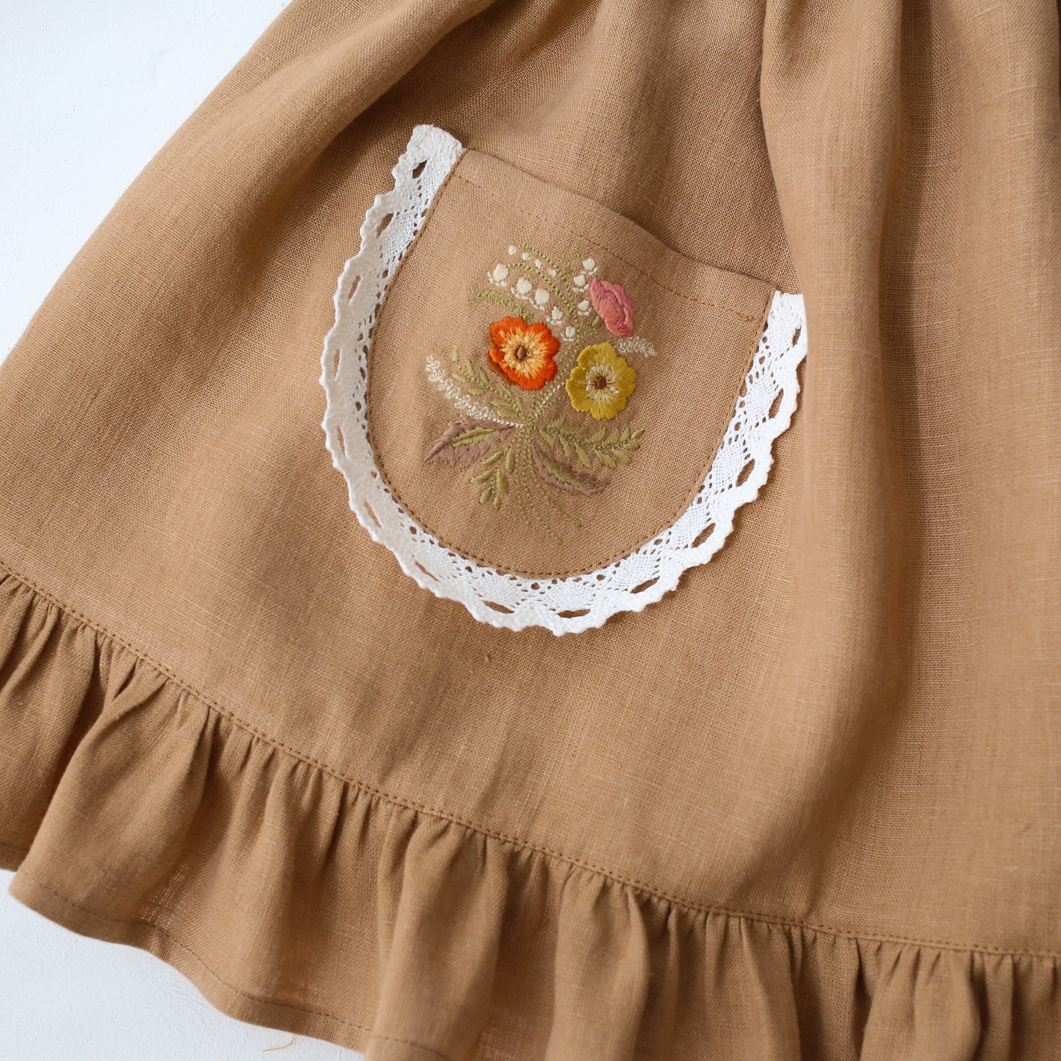 Latte Linen Straps Pinafore with Lace with “Autumn Flowers” Embroidery