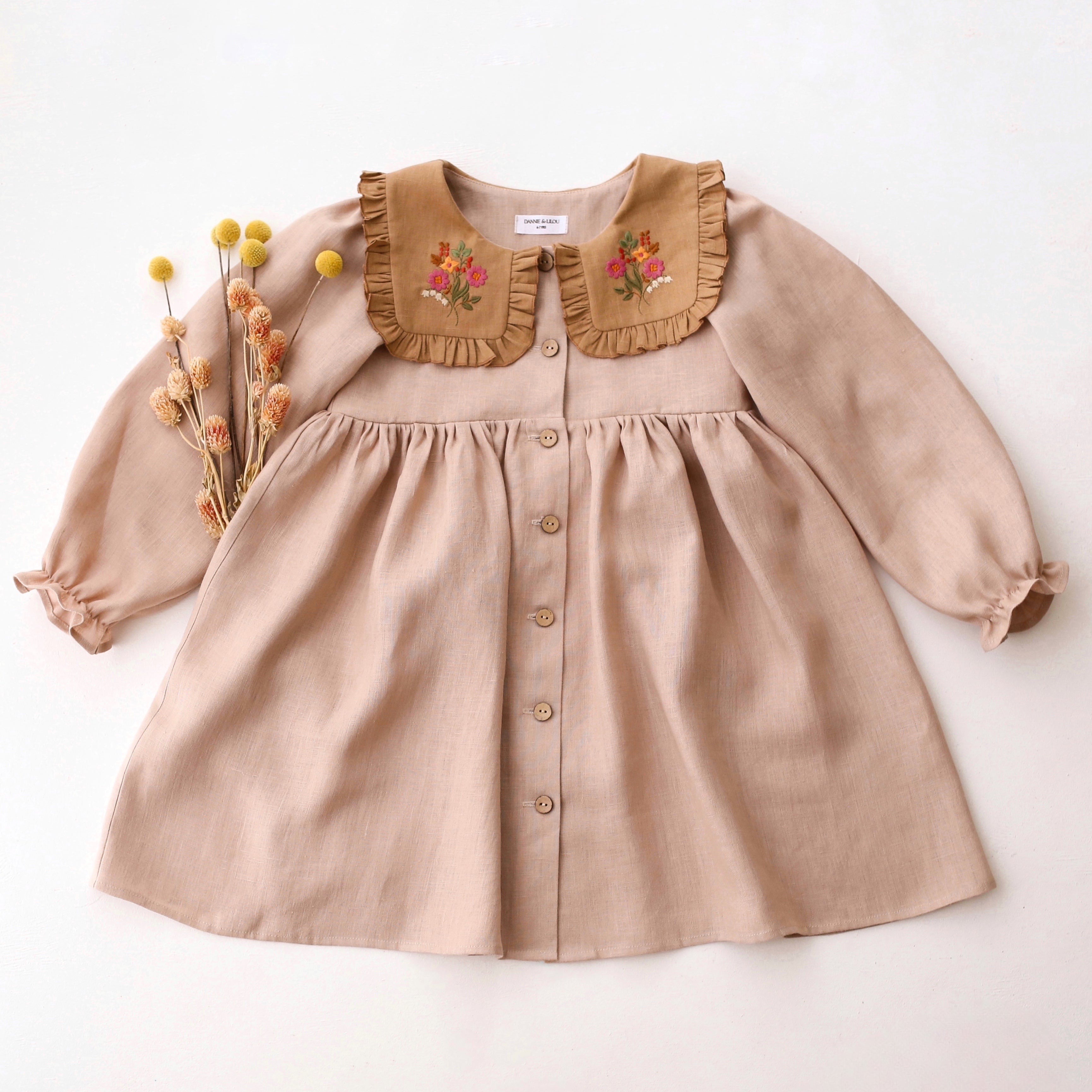 Beige Linen Long Sleeve Dress with Square Collar in Latte Linen and "Cottage Bouquet" Embroidery