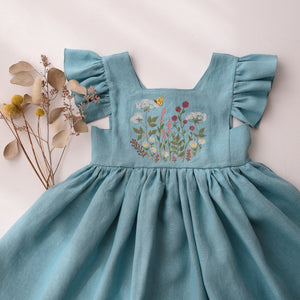 Duck Egg Blue Linen Flutter Sleeve Square Neckline Dress with "Wildflowers with Butterfly" Embroidery