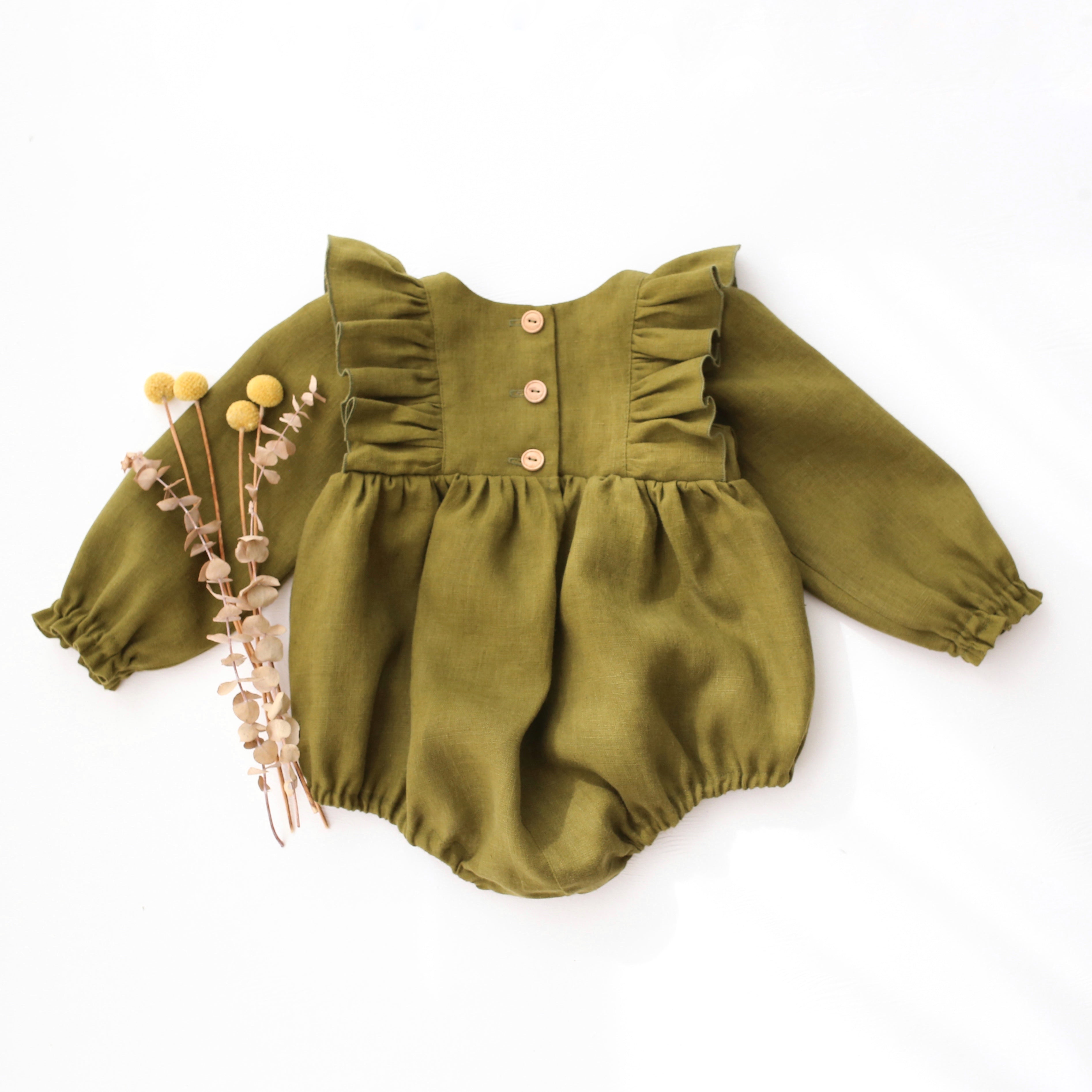 Pine Linen Long Sleeve Ruffle Bubble Playsuit with "Deer in Berry Wreath" Embroidery