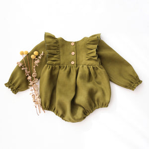 Pine Linen Long Sleeve Ruffle Bubble Playsuit with "Deer in Berry Wreath" Embroidery