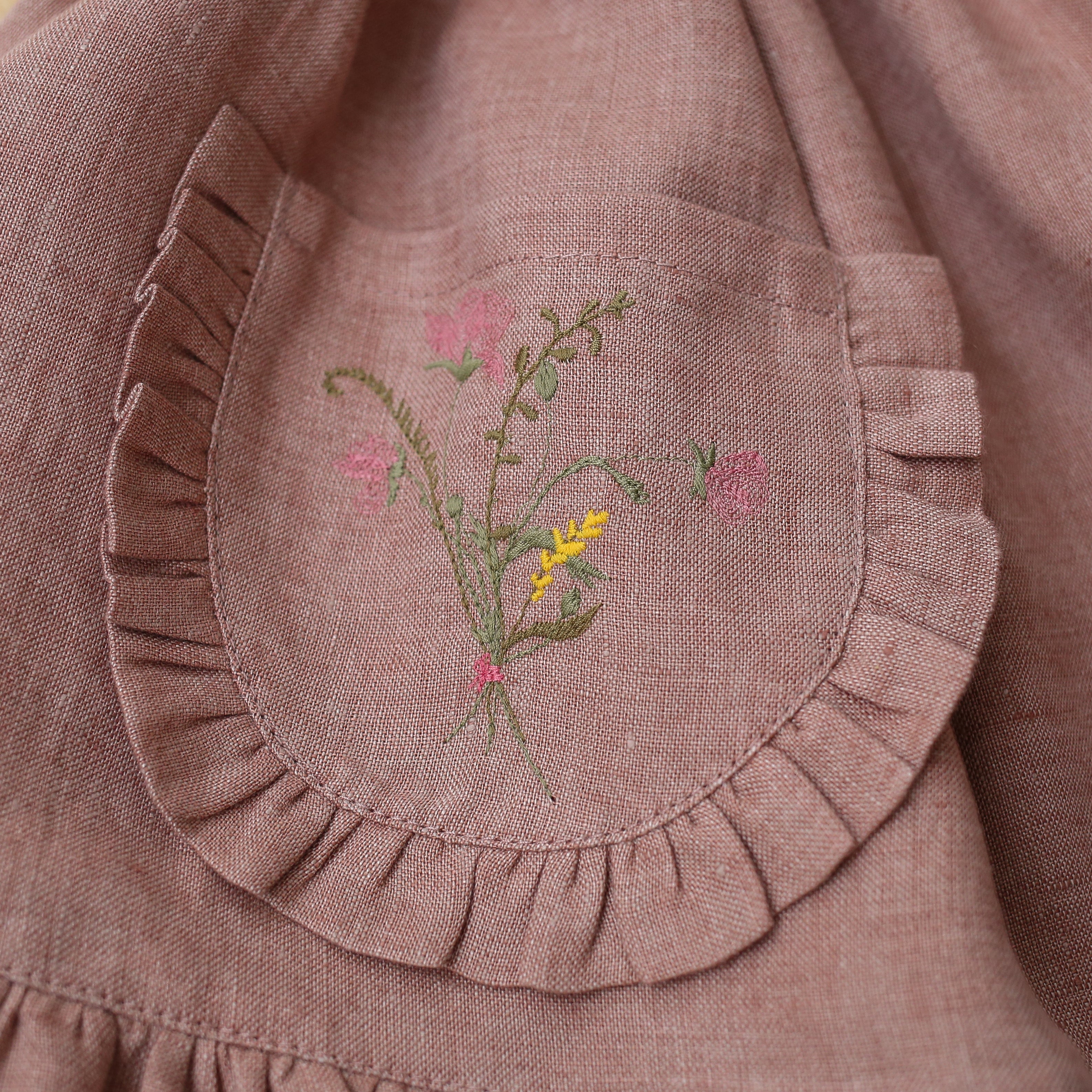 Rose Smoke Linen Straps Pinafore with Frills with “Bouquet #1” Embroidery