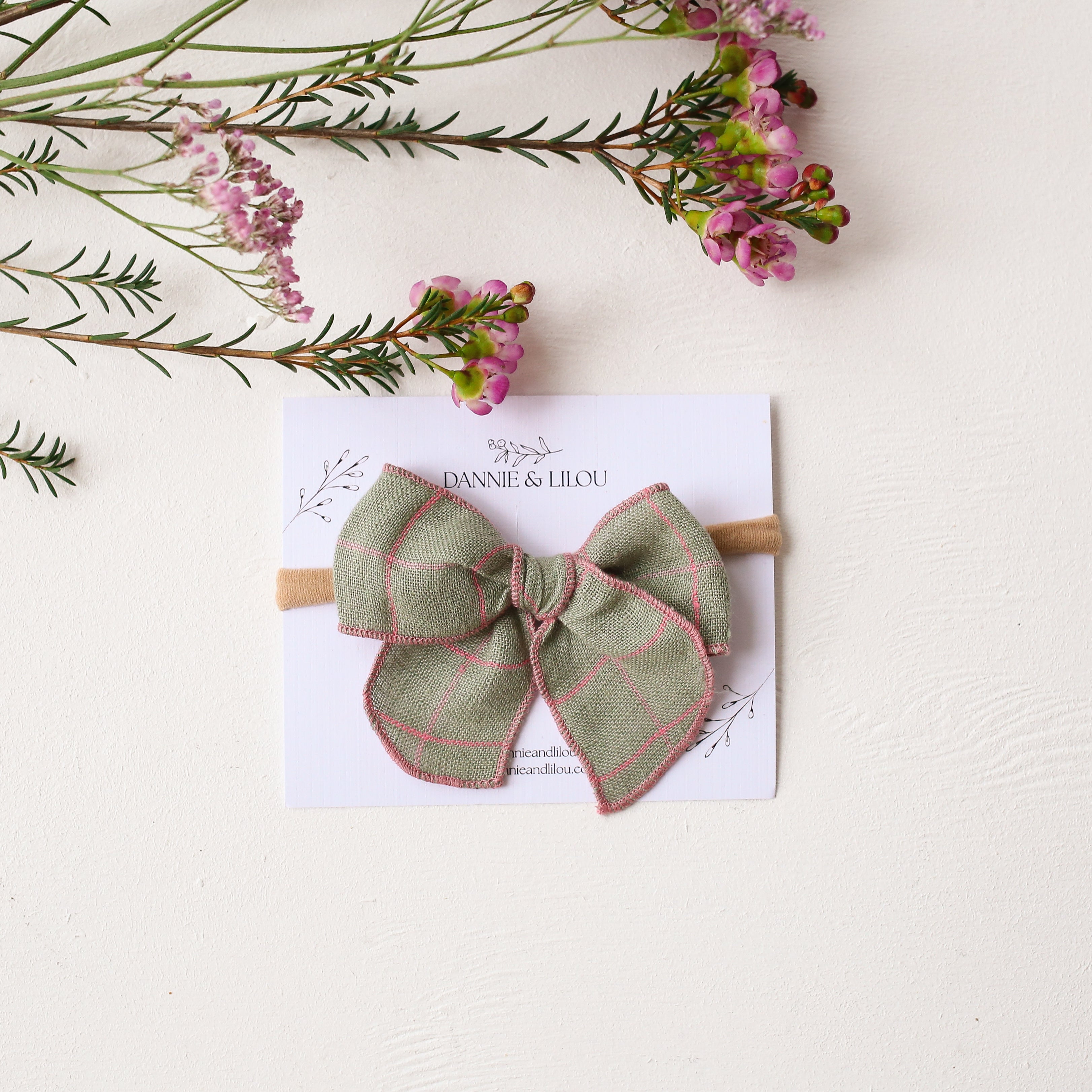 Mini Whimsy Hair Bow in Mint & Pink Check Linen