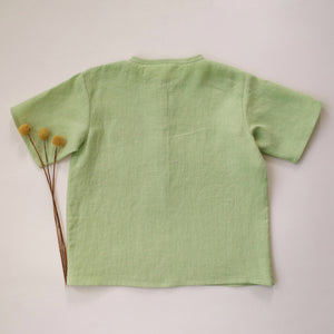 Spring Green Linen Short Sleeve Buttoned Top with “Snail on Mushrooms” Embroidery