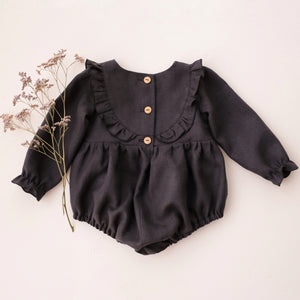 Black Linen Long Sleeve Ruffled Bodice Bubble Playsuit with “Halloween Owl” Embroidery