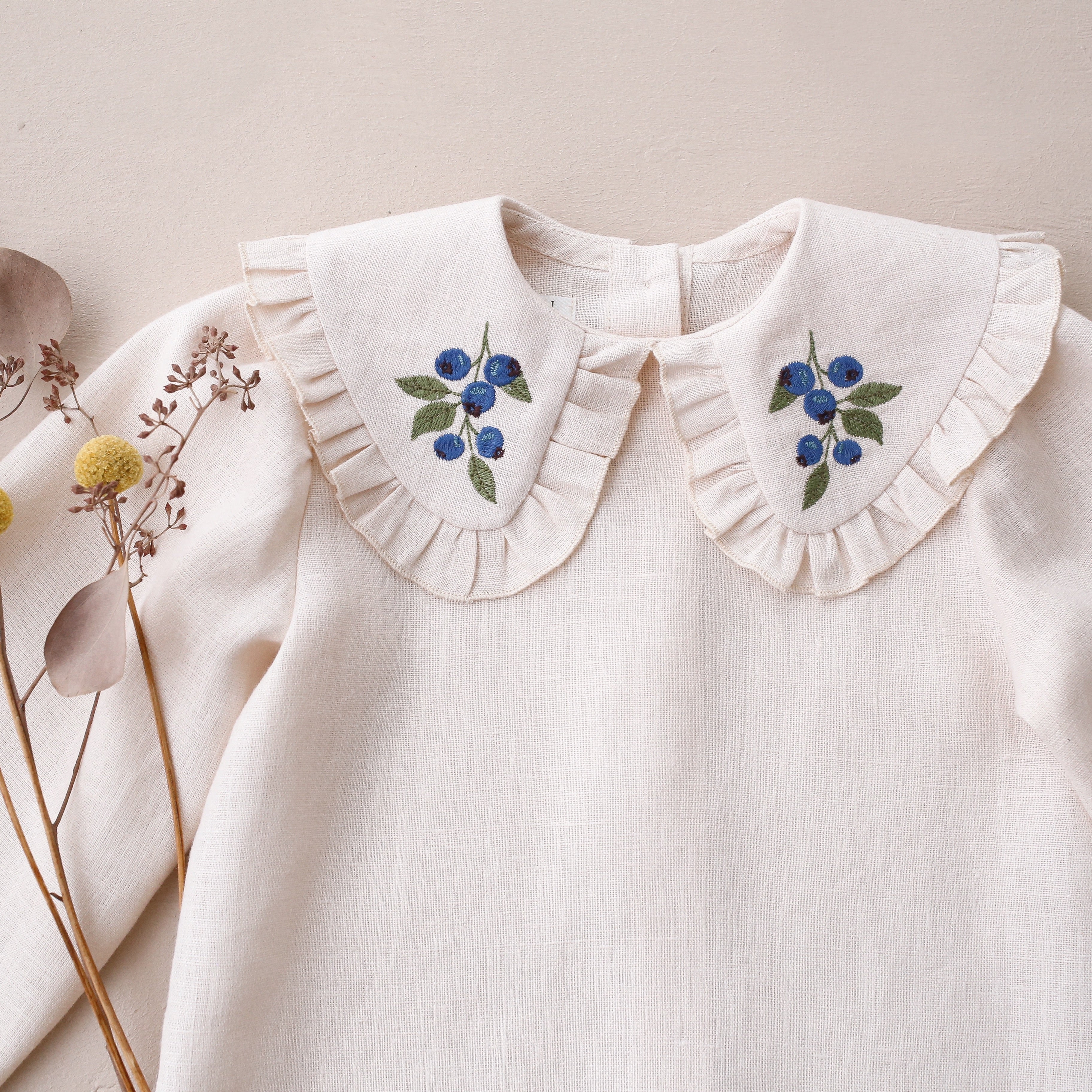 Woodland Sky Check Linen Long Sleeve Frilled Collar Blouse with "Blueberry" Embroidery