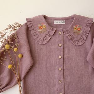 Pale Lilac Linen Frilled Collar Bubble Sleeve Blouse with "Autumn Bouquet" Embroidery